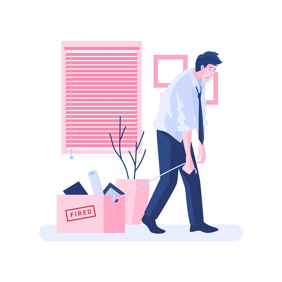 Illustration of a sad employee dragging a box labeled "Fired," symbolizing lack of psychological safety and fear of failure in the workplace.
