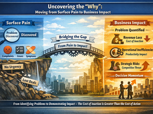 Landscape infographic illustrating the shift from surface pain to business impact in enterprise sales. Left side shows “Surface Pain” with icons for complaints, issues, and symptoms, labeled “Problem Discovered” and “No Urgency,” leading to “Lost Deals.” Center features a bridge titled “From Pain to Impact,” symbolizing transition. Right side highlights “Business Impact” with quantified outcomes: revenue loss (cost of inaction), operational inefficiencies (productivity impact), and strategic risks (competitive threat), ending with “Decision Momentum.” Background blends a dull, broken cliff on the left into a brighter cityscape on the right, emphasizing progress and clarity.
