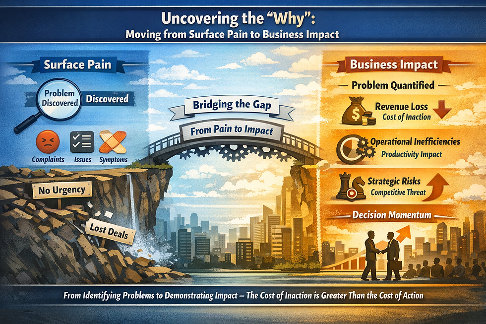 Landscape infographic illustrating the shift from surface pain to business impact in enterprise sales. Left side shows “Surface Pain” with icons for complaints, issues, and symptoms, labeled “Problem Discovered” and “No Urgency,” leading to “Lost Deals.” Center features a bridge titled “From Pain to Impact,” symbolizing transition. Right side highlights “Business Impact” with quantified outcomes: revenue loss (cost of inaction), operational inefficiencies (productivity impact), and strategic risks (competitive threat), ending with “Decision Momentum.” Background blends a dull, broken cliff on the left into a brighter cityscape on the right, emphasizing progress and clarity.