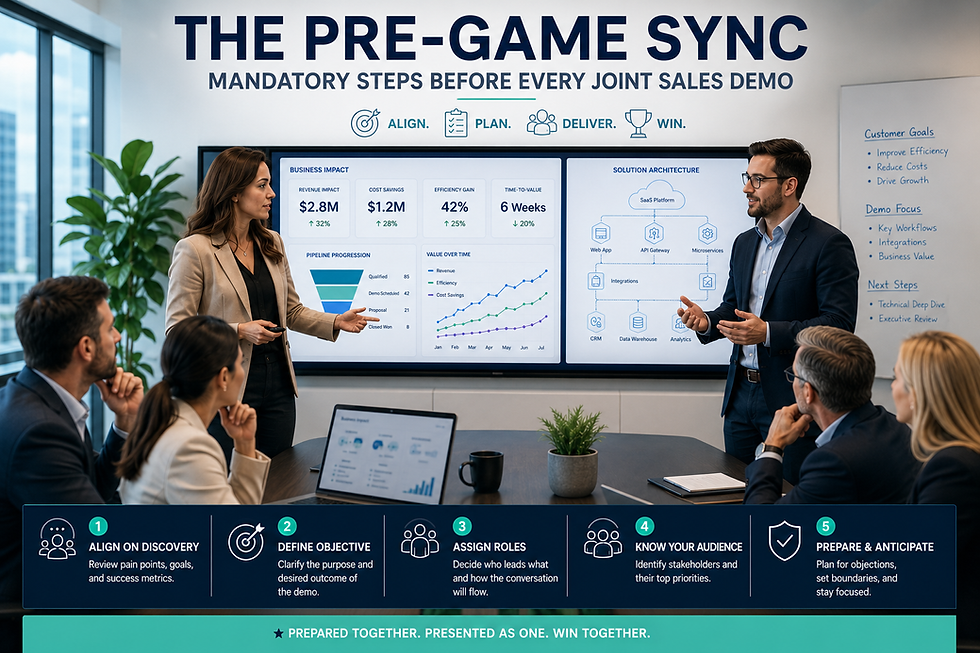 Account Executive and Sales Engineer aligning before an enterprise SaaS sales demo while presenting to stakeholders in a conference room with CRM dashboards and business analytics screens.