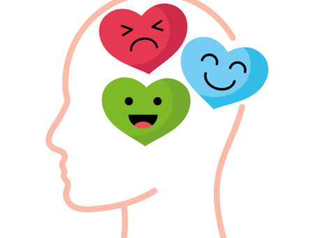 An illustration of emotional intelligence, depicting a human head outline with colorful heart-shaped faces representing different emotions—happiness, sadness, and excitement—symbolizing the ability to recognize, manage, and understand emotions effectively.
