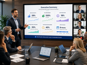 Sales Engineer presenting an executive summary SaaS demo to C-suite leaders focused on ROI, business outcomes, and strategic performance metrics.
