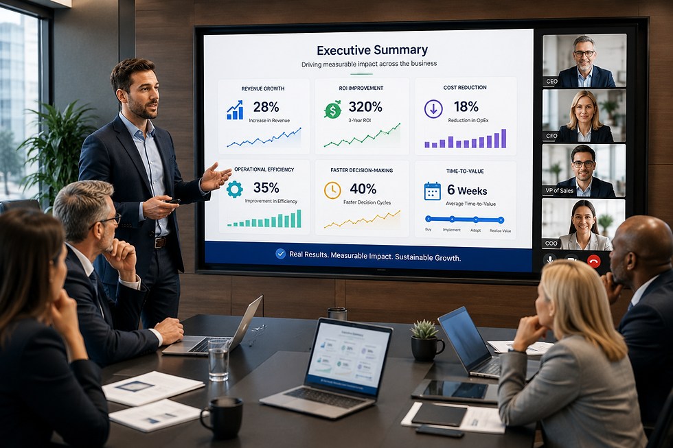 Sales Engineer presenting an executive summary SaaS demo to C-suite leaders focused on ROI, business outcomes, and strategic performance metrics.