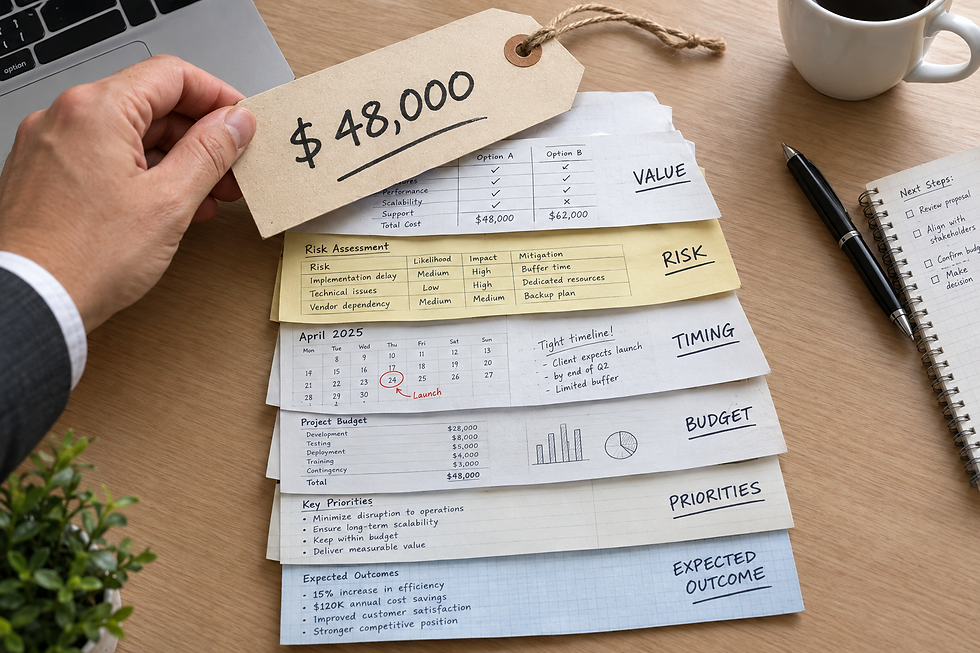 Photorealistic overhead view of a business desk with a hand lifting a large $48,000 price tag to reveal layered handwritten notes, comparison sheets, risk assessment, calendar timing, budget, priorities, and expected outcomes.