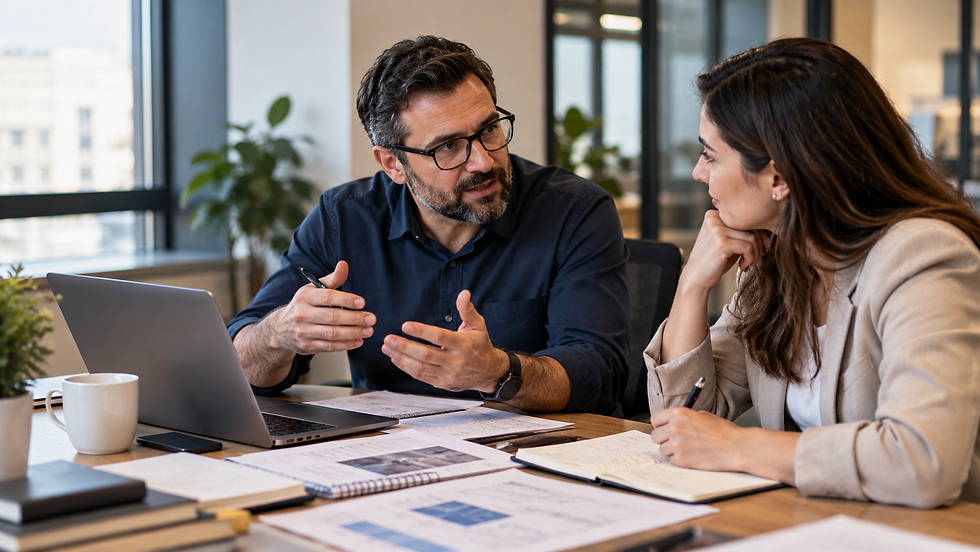 B2B marketing professional capturing insights from an experienced subject matter expert during an office discussion.