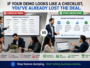 Split-screen enterprise SaaS demo showing feature overload checklist presentation versus engaging story-driven software demoSplit-screen enterprise SaaS demo showing feature overload checklist presentation versus engaging story-driven software demo
