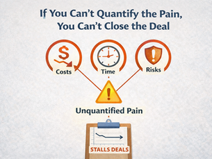 Simple, clean landscape illustration showing three icons—cost, time, and risk—connected to a central warning symbol labeled unquantified pain, with a small chart below indicating stalled deals, representing how lack of measurable impact prevents progress in sales.