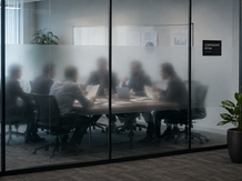 Business professionals meeting in a private conference room behind frosted glass, reviewing documents and laptops while discussing decisions, illustrating the hidden B2B buying committee and confidential enterprise purchasing conversations before vendor engagement.