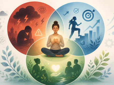 Illustration of the Three Circles Model from Compassion Focused Therapy showing threat, drive, and soothing emotional systems as overlapping circles, with a calm person in the center representing emotional balance and self-awareness.