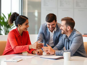 Three business professionals happily collaborating at office table.