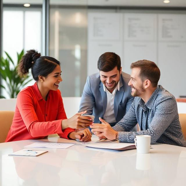 Three business professionals happily collaborating at office table.