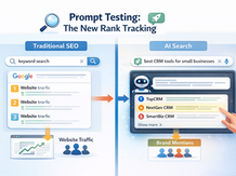 Infographic comparing traditional SEO rank tracking based on keyword rankings with AI prompt testing, showing how AI search tools generate answers that recommend brands instead of displaying ranked search results.