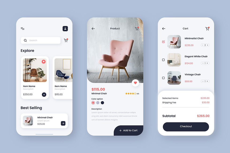 A modern mobile-first indexing ecommerce app interface displaying product exploration, detailed item views, and a shopping cart, emphasizing a seamless mobile shopping experience.