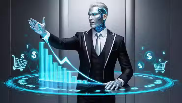 A humanoid robot dressed in a formal business suit stands in front of a futuristic interface displaying holographic financial charts, shopping cart icons, and dollar signs, suggesting themes of artificial intelligence in finance, business analytics, and e-commerce.