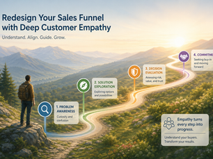 Soft landscape illustration of a person standing on a hill overlooking a winding path through mountains at sunrise, symbolizing a sales funnel journey. The path is marked with four stages—problem awareness, solution exploration, decision evaluation, and commitment—highlighting how deep customer empathy guides buyers through each step.