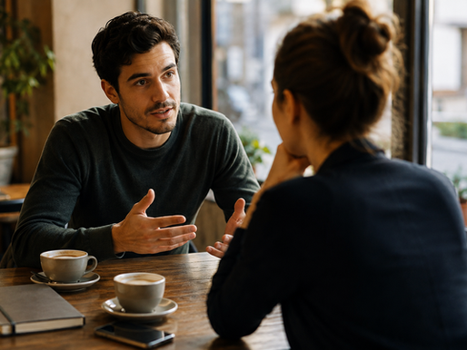 Two people having a thoughtful conversation over coffee in a café, illustrating how listening, understanding, and trust-building skills apply beyond sales.