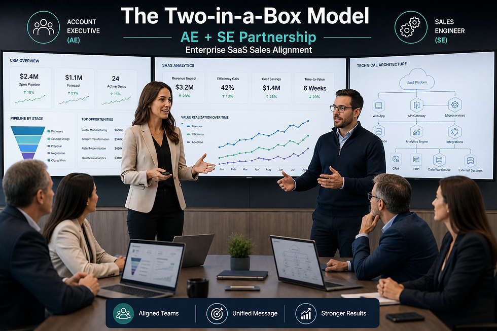 Account Executive and Sales Engineer collaborating during an enterprise SaaS sales presentation