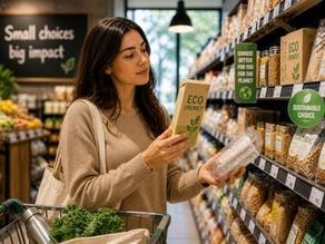 person choosing eco friendly product over plastic packaging in grocery store conscious living decision