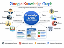 Infographic of Google’s Knowledge Graph showing a central semantic database connected to entities like people, movies, landmarks, books, music, science, sports, and businesses, illustrating relationships, facts, and information links that power search results and knowledge panels.