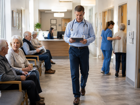 Family physician reviewing a patient chart while walking through a busy outpatient clinic, as older adults wait for appointments and a nurse escorts an elderly patient to an examination room, illustrating rising healthcare demand driven by an aging population.