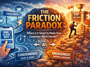 Split-screen conceptual illustration showing the friction paradox in customer experience design: on the left, a smooth digital path with a smartphone displaying “one-click buy,” fast lanes, and convenience icons in cool blue tones; on the right, a rugged uphill journey where a person climbs toward a “VIP access” gate and trophy, symbolizing effort, engagement, and reward in warm orange tones, with AI icons bridging both paths.