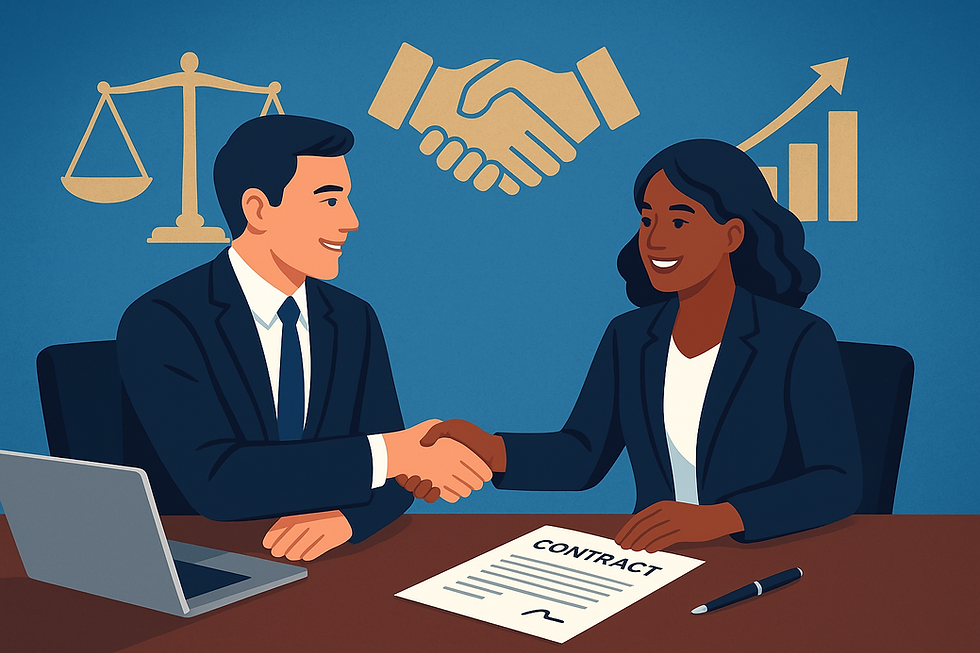 Business professionals shaking hands across a table with a signed contract, symbolizing successful negotiation strategies.