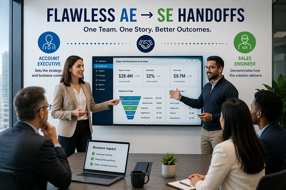 Account Executive and Sales Engineer collaborating during an enterprise SaaS software demo presentation”