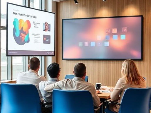 A product team of four professionals sits in a modern conference room, attentively viewing a presentation on two large screens. The session illustrates the team's role in knowledge transfer, with visual slides supporting the sharing of product insights and collaboration.