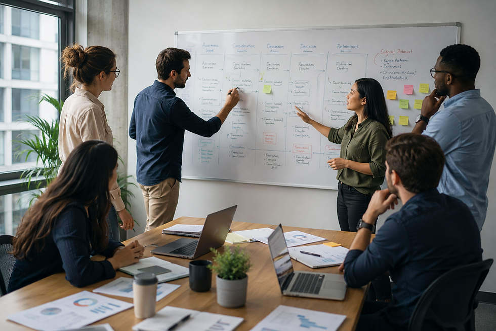 Sales and marketing team members collaborating during a revenue growth strategy workshop.
