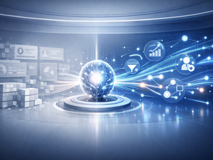 Futuristic B2B illustration showing an AI-powered decisioning engine at the center of a sleek control room. A glowing AI core processes flowing data streams in real time. On the left, faded dashboards, static customer profiles, and stacked data blocks represent traditional Customer Data Platforms. On the right, dynamic data flows connect to predictive analytics, personalization, and decision icons, symbolizing adaptive, real-time marketing intelligence. The scene uses cool blue tones, soft light effects, and a clean, enterprise-grade aesthetic to convey speed, automation, and strategic evolution beyond the CDP.