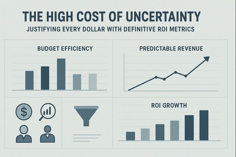 Modern B2B infographic-style illustration showing a C-suite dashboard with minimalist bar charts for budget efficiency and ROI growth, an upward-trending line graph for predictable revenue, and simple finance, analytics, marketing funnel, and leadership icons, presented in a muted blue and gray corporate color palette conveying data-backed confidence and control.