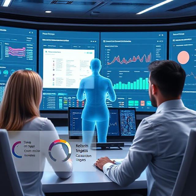 A sales team reviews real-time dashboards showing website visitor behavior, including heatmaps, engagement graphs, and content performance metrics. A translucent digital figure represents an anonymous website visitor interacting with the site, symbolizing silent buying signals.