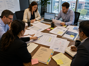 Cross-functional business stakeholders reviewing vendor proposals and comparison documents during a B2B purchasing decision meeting.