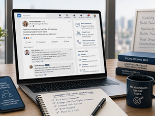 Soft, modern landscape image of a clean workspace featuring a laptop displaying a LinkedIn post and comment interaction, symbolizing pre-outreach engagement. Surrounding elements like a notebook, smartphone, and coffee mug reinforce a calm, strategic workflow focused on building familiarity, trust, and meaningful conversations before sales outreach.