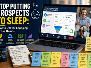 Landscape image of a modern laptop displaying a virtual sales demo with analytics dashboards and video call participants, alongside bold text “Stop Putting Prospects to Sleep.” Surrounding elements include icons and notes highlighting engaging demo strategies like storytelling, interaction, preparation, and focusing on value in a professional workspace.