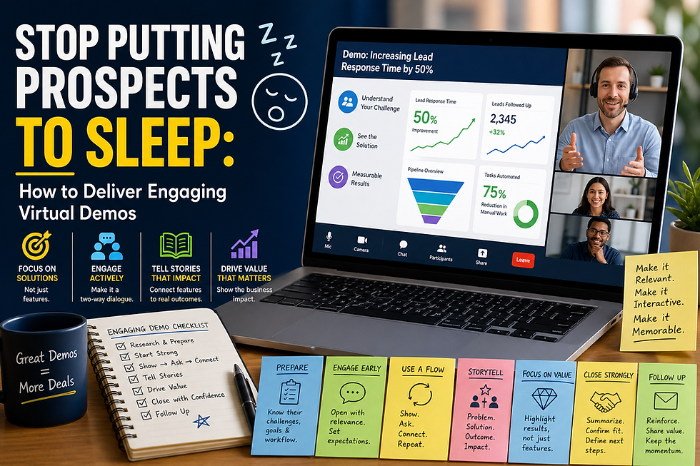 Landscape image of a modern laptop displaying a virtual sales demo with analytics dashboards and video call participants, alongside bold text “Stop Putting Prospects to Sleep.” Surrounding elements include icons and notes highlighting engaging demo strategies like storytelling, interaction, preparation, and focusing on value in a professional workspace.