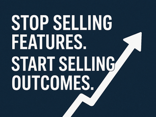 Hero image with bold text saying ‘Stop Selling Features. Start Selling Outcomes.’ alongside an upward arrow symbolizing growth and outcome-driven selling