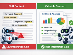 Split-screen infographic comparing fluff content with low information gain and valuable content with high information gain, showing AI analyzing keyword repetition versus data-driven insights and expert analysis.