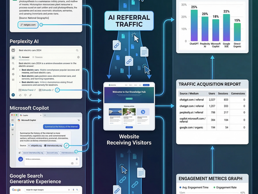 Infographic showing how AI tools like ChatGPT and Perplexity send referral traffic to websites and how it is tracked in Google Analytics 4.