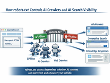 Diagram showing how robots.txt controls GPTBot and AI crawler access to website content affecting AI search visibility and generative engine optimization