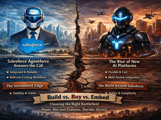 Landscape-style, realistic illustration showing two opposing approaches to AI-driven workflows. On the left, a professional, business-like humanoid figure represents an established enterprise system, set against a calm modern city, symbolizing stability and integrated workflows. On the right, a futuristic armored AI figure stands before a glowing, high-tech city, representing flexible, fast-moving AI platforms. A cracked ground divides the scene, highlighting tension and choice between centralized control and adaptable systems, with subtle interface-style labels reinforcing themes of workflow control, integration, and power.
