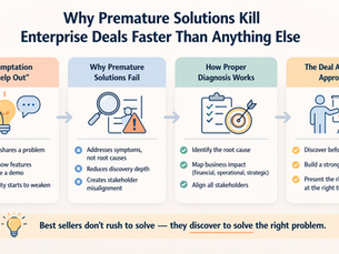 Soft, minimal landscape infographic illustrating how premature solutions harm enterprise deals, using a clean layout with simple icons and muted colors. Sections contrast “early solution” vs “proper diagnosis,” highlighting risks like shallow discovery, misalignment, and weak business cases. Visual elements such as question marks, flow steps, and stakeholder icons emphasize root-cause analysis, impact mapping, and alignment. The overall message reinforces that strong deals come from deep discovery, not rushing to present solutions.