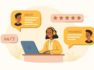 Illustration of a smiling female customer service representative wearing a headset and working on a laptop. Surrounding her are chat bubbles showing customer interactions, including a “HELP!” request, a “THANKS!” message, a 5-star rating, and a “24/7” support icon. The image represents effective account communication and customer engagement strategies.