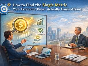 Soft, professional landscape illustration of a sales executive presenting a single key business metric on a screen to an economic buyer in a modern boardroom, with subtle visuals of growth charts and performance indicators symbolizing alignment, clarity, and data-driven decision-making.