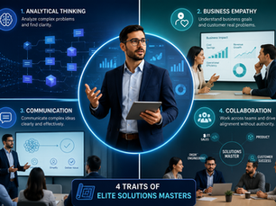 Infographic showing four essential traits of an elite SaaS Solutions Master including analytical thinking, business empathy, communication, and cross-functional collaboration.