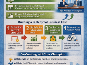 Clean, minimal infographic illustrating how to build a bulletproof ROI business case in B2B sales, showing steps like current state cost, future value, investment, and payback period, along with collaboration between a sales rep and internal champion to move from agreement to approval.