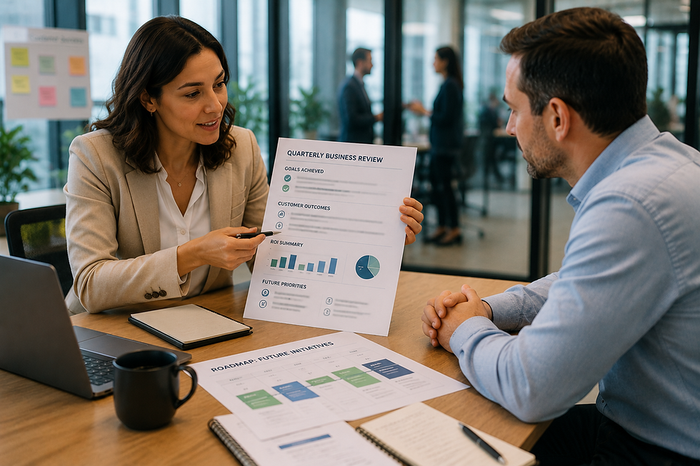 Customer Success Manager reviewing a Quarterly Business Review with a client, discussing business outcomes, ROI, and future priorities before exploring expansion opportunities.