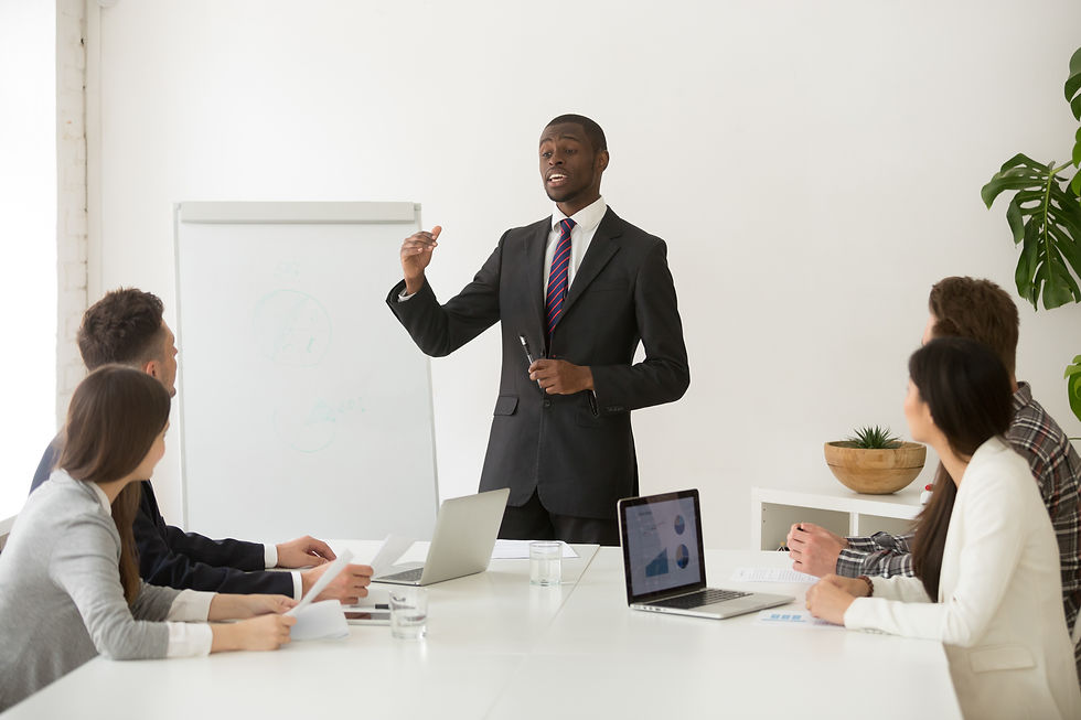 confident african speaker business coach giving sales training