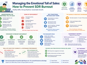 Soft, landscape-style infographic with a clean pastel design focused on preventing SDR burnout. Sections illustrate the emotional toll of sales, common signs of burnout, and why traditional management approaches fail. Visual panels highlight strategies like time blocking, balanced activity, and celebrating small wins, along with the manager’s role, sustainability metrics, and a comparison between burnout and sustainable performance.