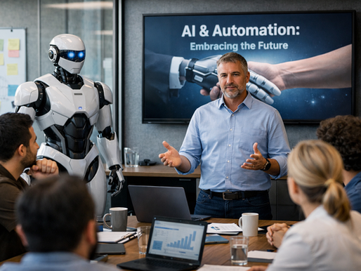 A manager calmly addressing a team in a modern office while a humanoid AI robot stands beside him, symbolizing leadership, trust, and collaboration during AI-driven workplace automation.